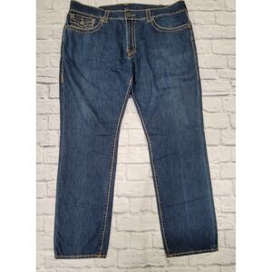 True Religion Jeans Ricky‎ Relaxed Straight 42 Flap Pocket Dark Wash Gold Stitch